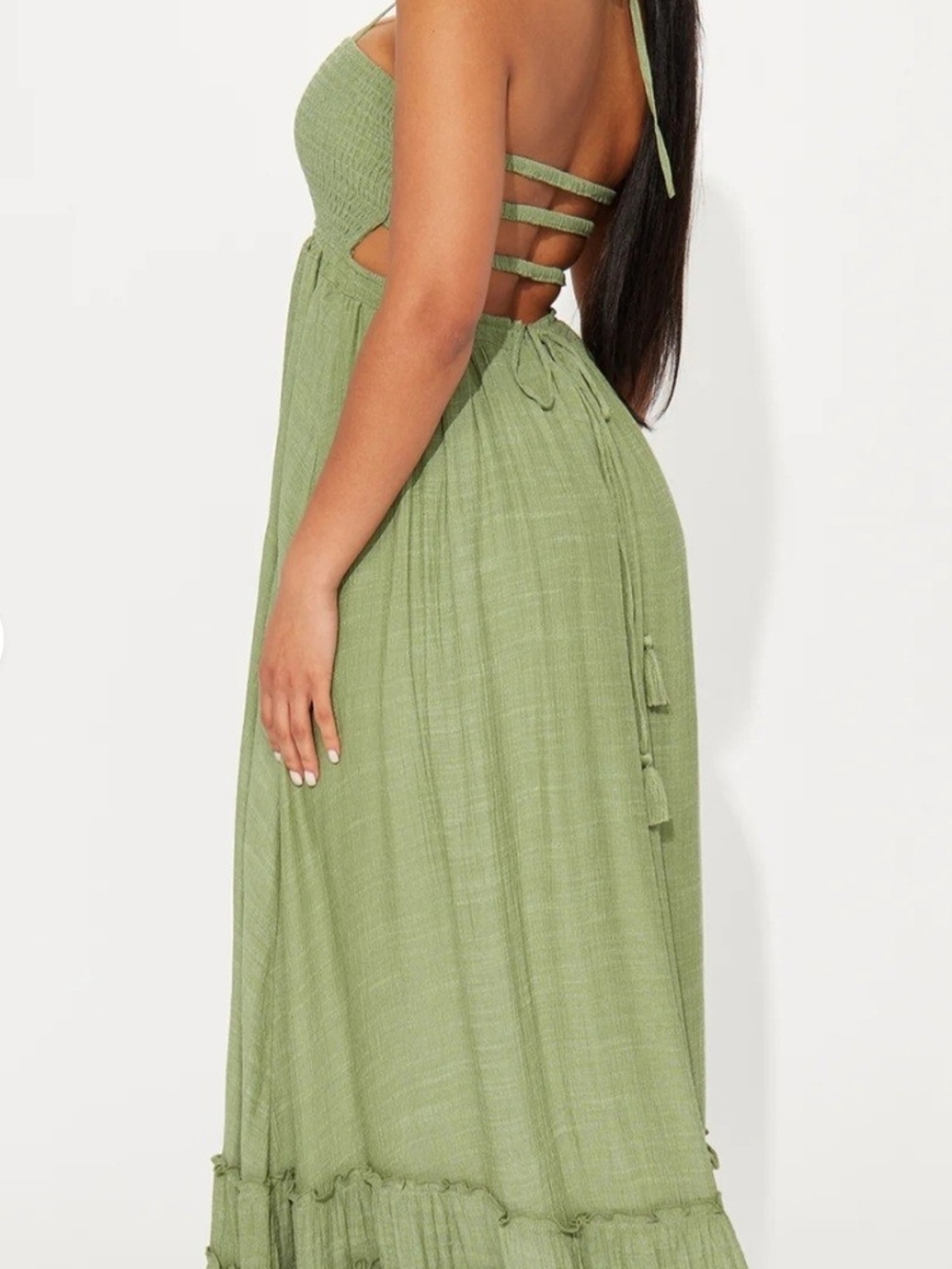Fashion Nova Olive Green Smocked Strappy Back Maxi Dress